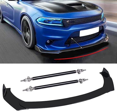 Alerón divisor de labio de parachoques delantero negro + varillas de puntal compatibles con Dodge Charger RT SXT SRT 2012-2022