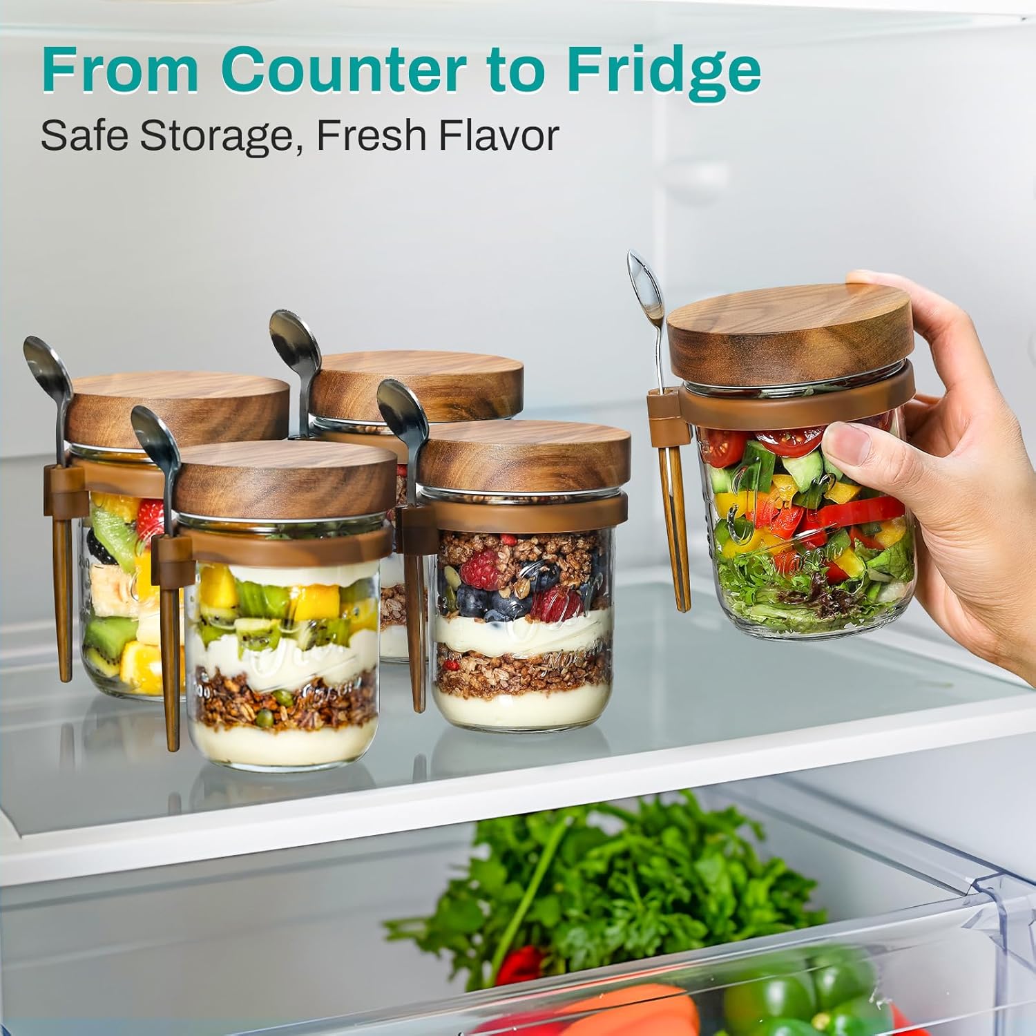 4 Pack Overnight Oats Containers with Wooden Lids and Spoons, 16oz Glass Mason Overnight Oats Jars with Lids, Large Capacity Airtight Jars for Milk, Cereal, Fruit - Image 4