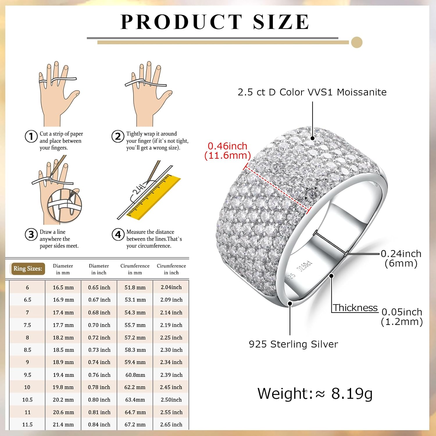 Moissanite Wedding Band Ring VVS D Color, 925 Sterling Silver White Gold Plated Chunky Wide Eternity Band Ring 1.8-5.14 Carat Moissanite Rings for Men Women
