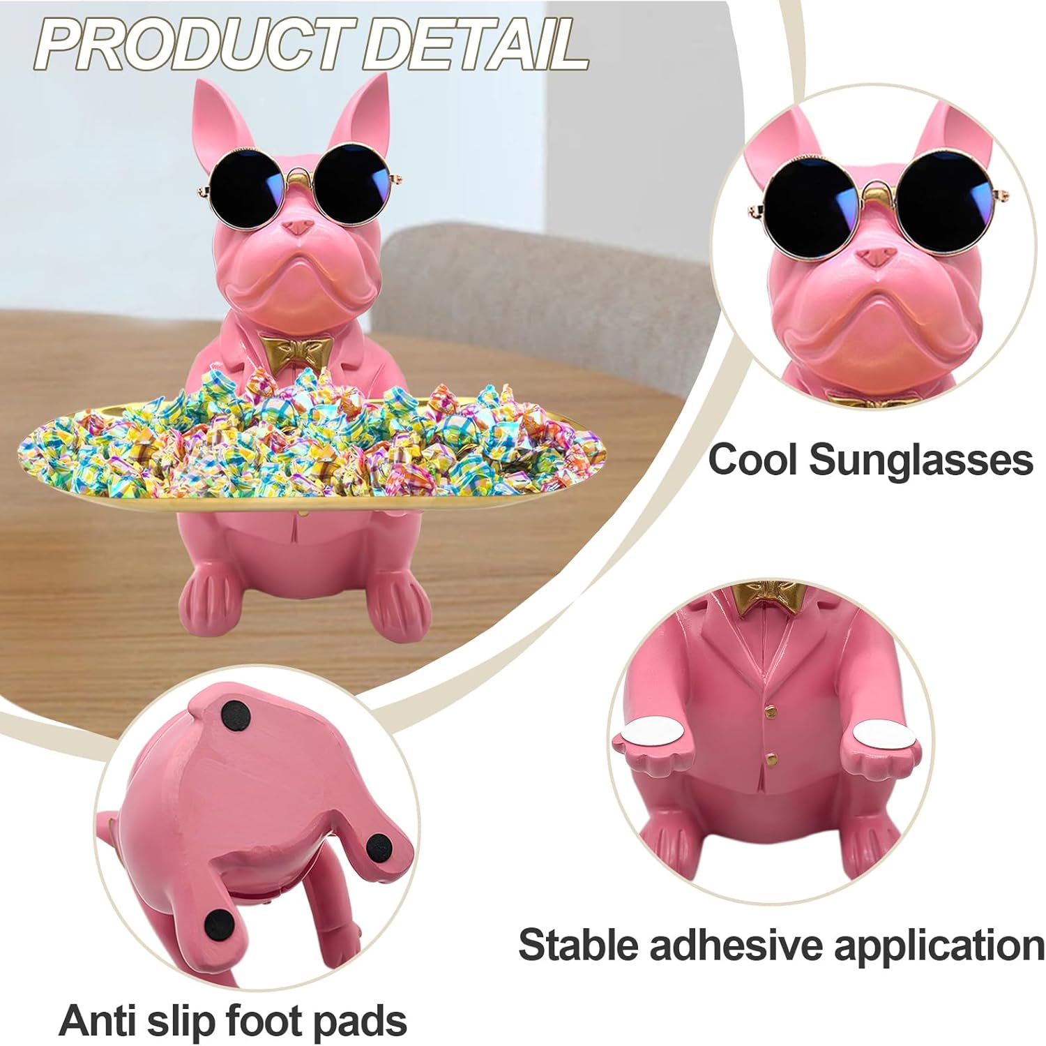 Bulldog Tray Statue, Sitting Bulldog Candy Dish Key Holder Bowl, Bulldog Accessories, Resin Statues for Office Desk Home Decor Figurines Entryway Table Decor (Pink) - Image 2