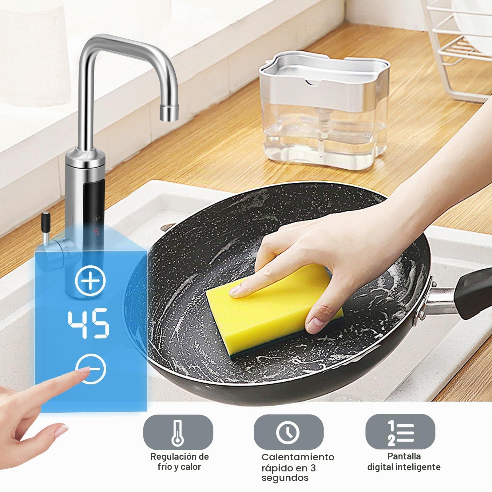Grifo eléctrico con calentador de agua de 230 V, 3000 W, grifo eléctrico de acero inoxidable con indicador de temperatura LED, giratorio 360°, grifo de agua caliente con calentador de agua instantáneo