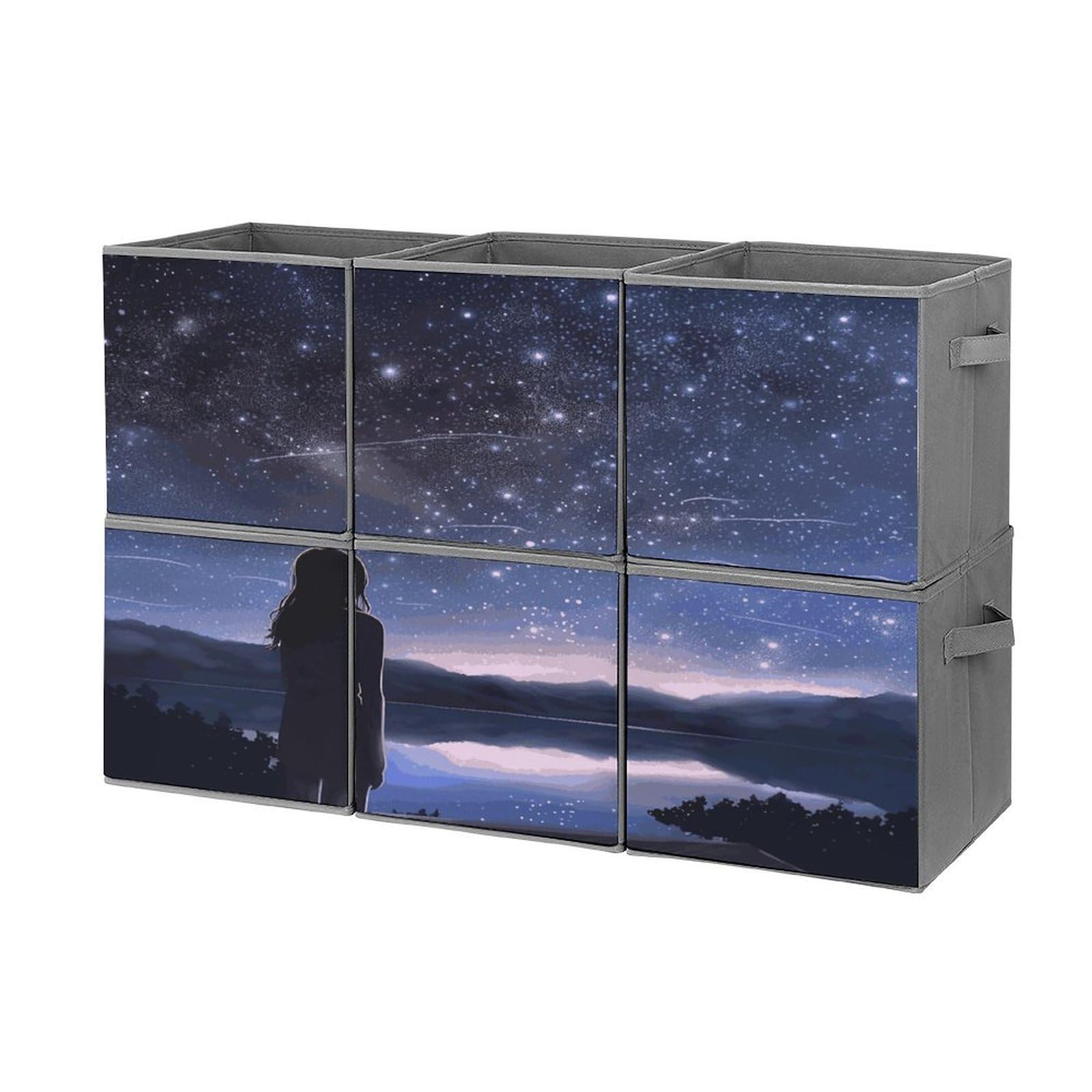 Fekiloot Girls Style Looking At Stars Storage Bin For Foldable And Handles,Closet Organizer Of 6-Pack Stackable,Storage Box For Living,Room, Office,Bedroom,Closet