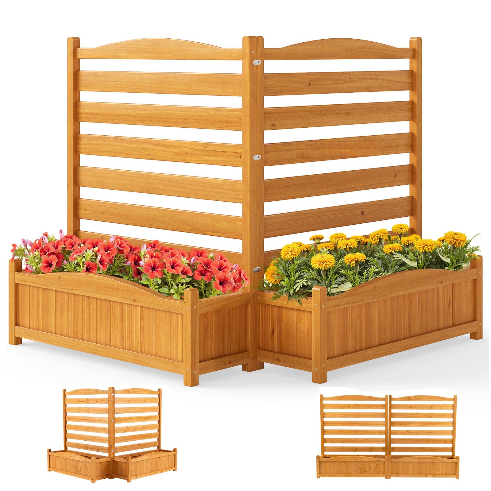 GOPLUS Jardinière Surélevée avec Bac à Fleurs en Bois, Clôture Décorative Brise Vue Jardin Pour Plantes Grimpantes avec Jardinières 85x28x101CM Autoportant avec Trous Drainage (2 Panneaux,Jaune)