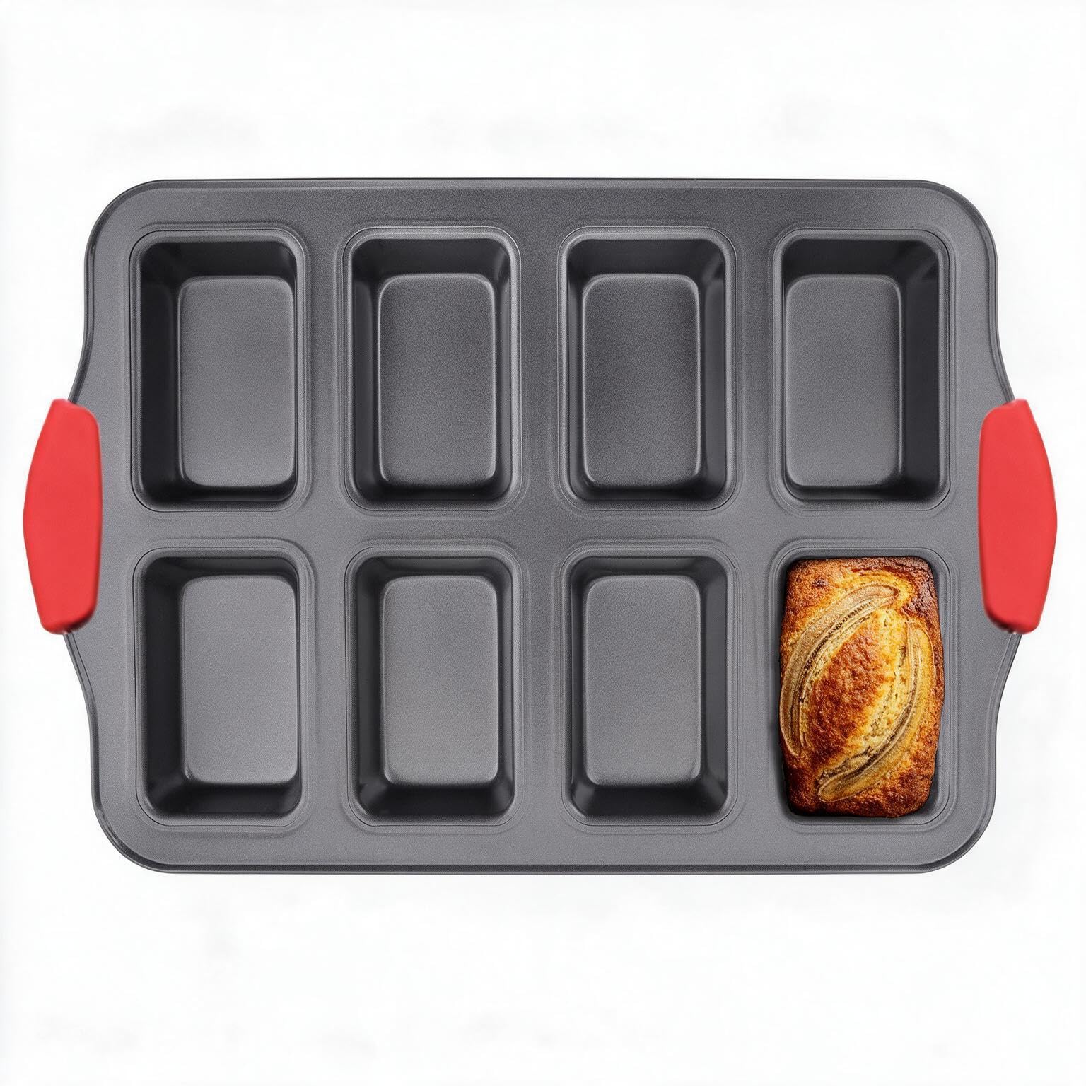 Sivaopa Mini Loaf Pan Tins, 8 Cavity Brownie Tin, Non-Stick Mini Loaf Moulds Baking Tin, Carbon Steel Bread Pan, Bread Baking with Silicone Handle, Loaf Baking Tray for Brownie,Cornbread, Cheesecake