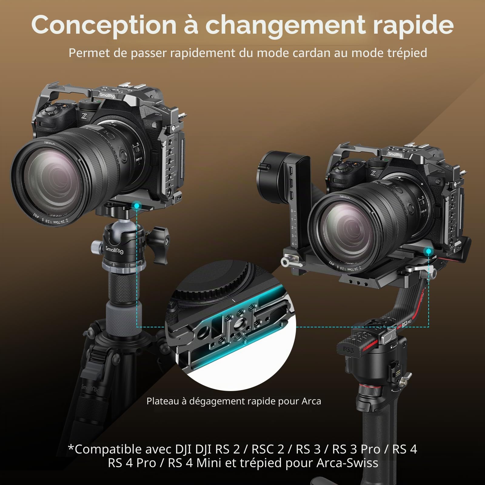 SMALLRIG Cage pour Nikon Z5 II, Z5, Z6, Z6II, Z7, Z7II, Cage en Alliage d'Aluminium avec Support pour Griffe, Trous filetés 1/4''-20 et 3/8''-16, Plaque de Fixation Rapide pour Arca-Swiss - 5257