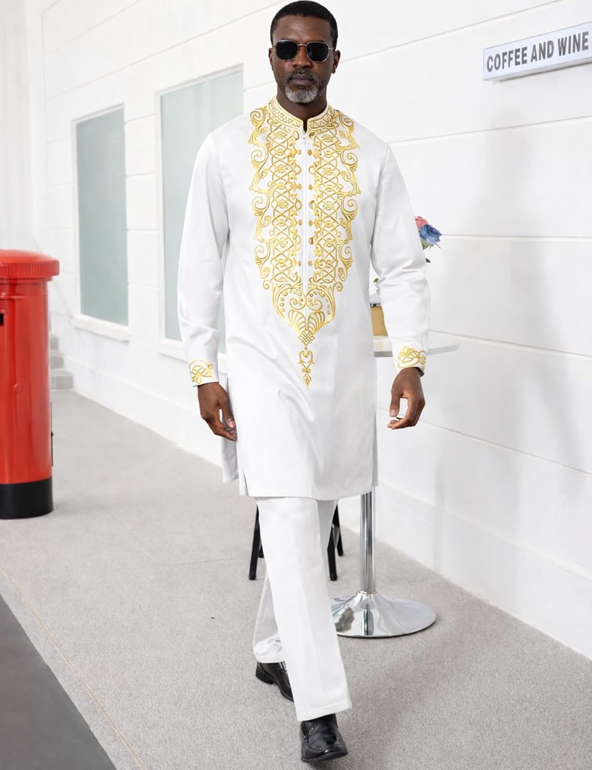 Mens African 2 Piece Set Half Zipper Nigerian Dashiki Metallic Shirt and Pants Outfit Gold Stamp Long Traditional Suit - Image 2