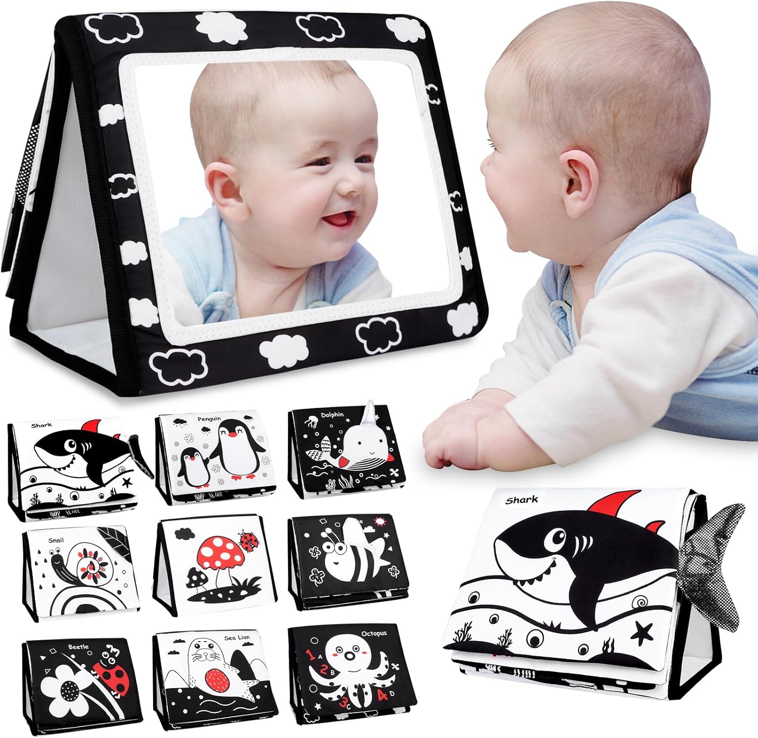 Tummy Time Mirror Toy, High Contrast Black and White Baby Newborn Toys