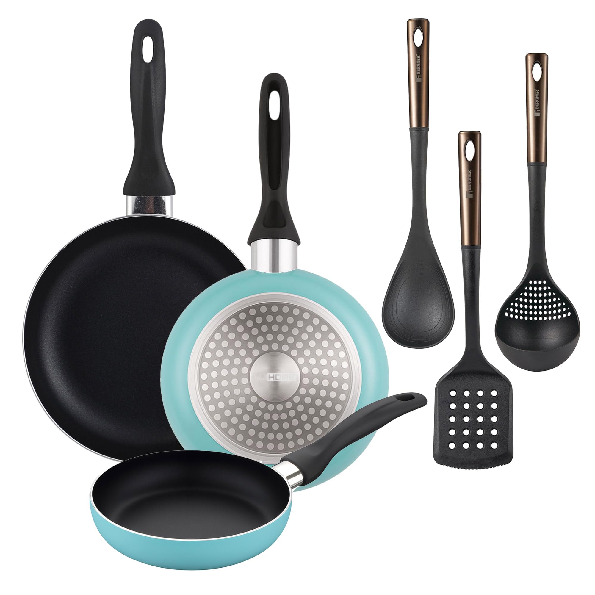 Well Home Lot de 3 poêles Ø16Ø20Ø24 cm en aluminium pressé en bleu mat + Set de 3 ustensiles de cuisine en PBT noir et cuivre
