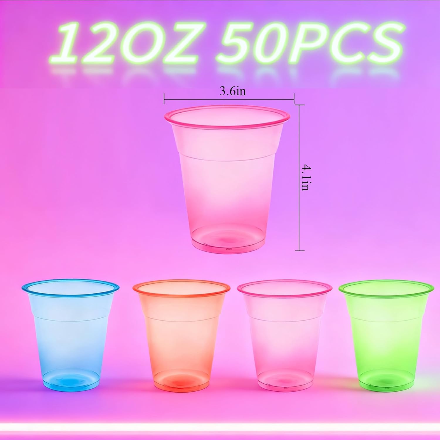 50 PCS 12oz Plastic Cups Neon Glowing Party Decorations Disposable Drinking Cups for Birthday Carnivals Glow in the Dark Themed Party Supplies(Neon) - Image 2