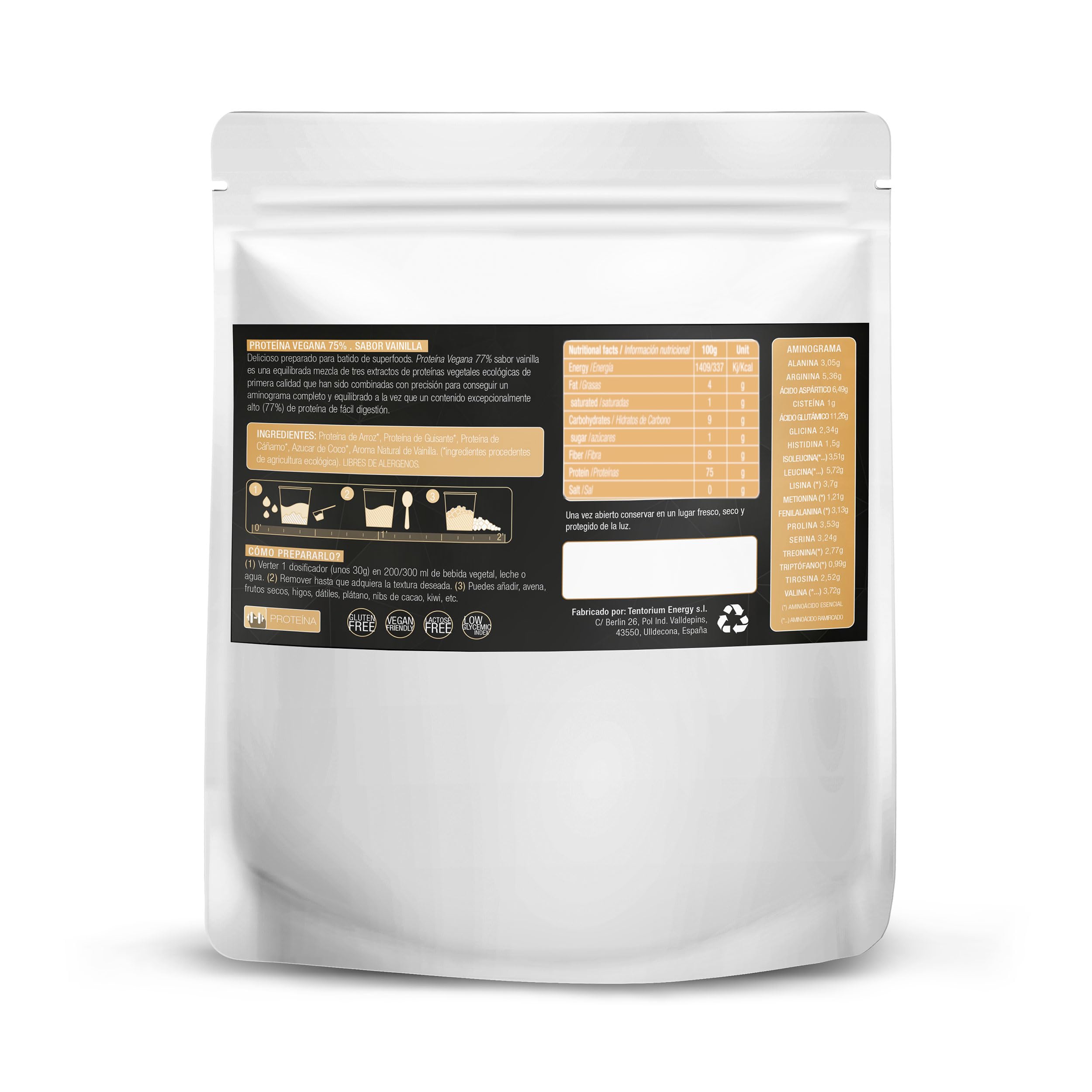 Energy Feelings Proteina Vegana 75% Premium sabor vainilla - 1 Kg rica en BCAA ingredientes de máxima calidad-100% ecológica