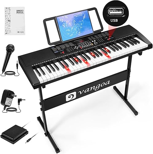 Vangoa Piano de teclado de 61 teclas, kit de teclado de piano eléctrico iluminado con 600 voces, 400 ritmos con soporte para piano, micrófono, Negro