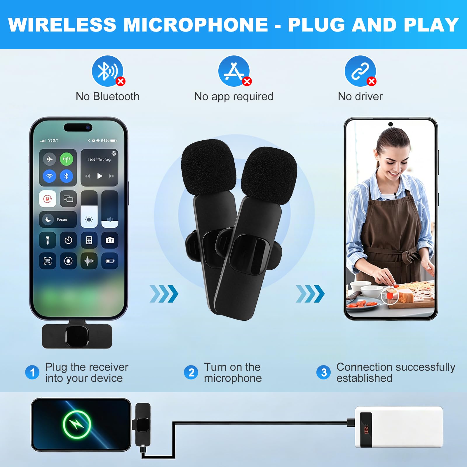 Lavalier Mini Mic Pro mikrofon bezprzewodowy do iPhone'a i telefonów z systemem Android, mikrofon do telefonu komórkowego z wtyczką USB-C/USB/Lightning, redukcja szumów do nagrywania wideo, wywiadów
