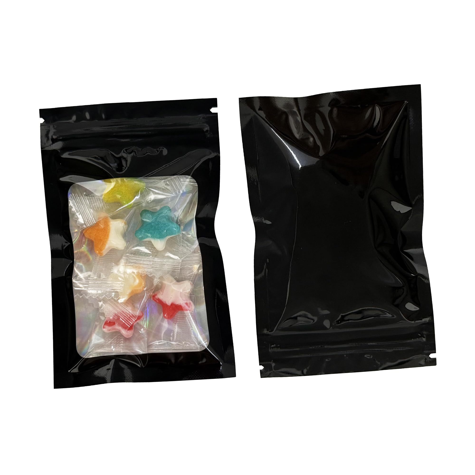 WACCOMT Pack 100pcs Smell Proof Mylar Bags with Clear Window Holographic Packaging Bags Zipper Lock Aluminum Foil Sample Pouch Resealable for Food Storage Jewelry (Black, 2.4x3.9 inch (6x10 cm))