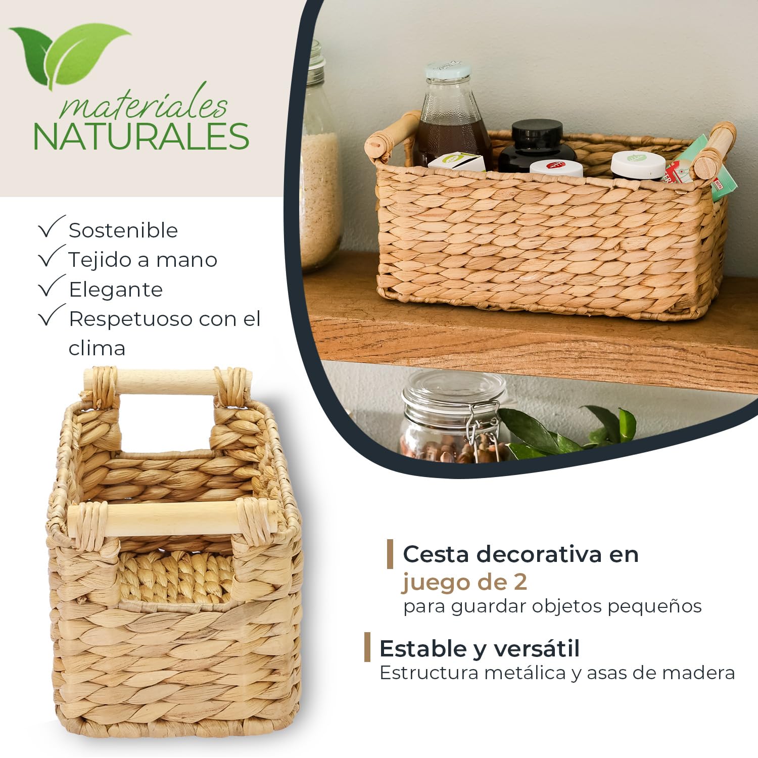 Cesta de almacenamiento trenzada de jacinto de agua con asas de madera 30x15x13 cm Natural