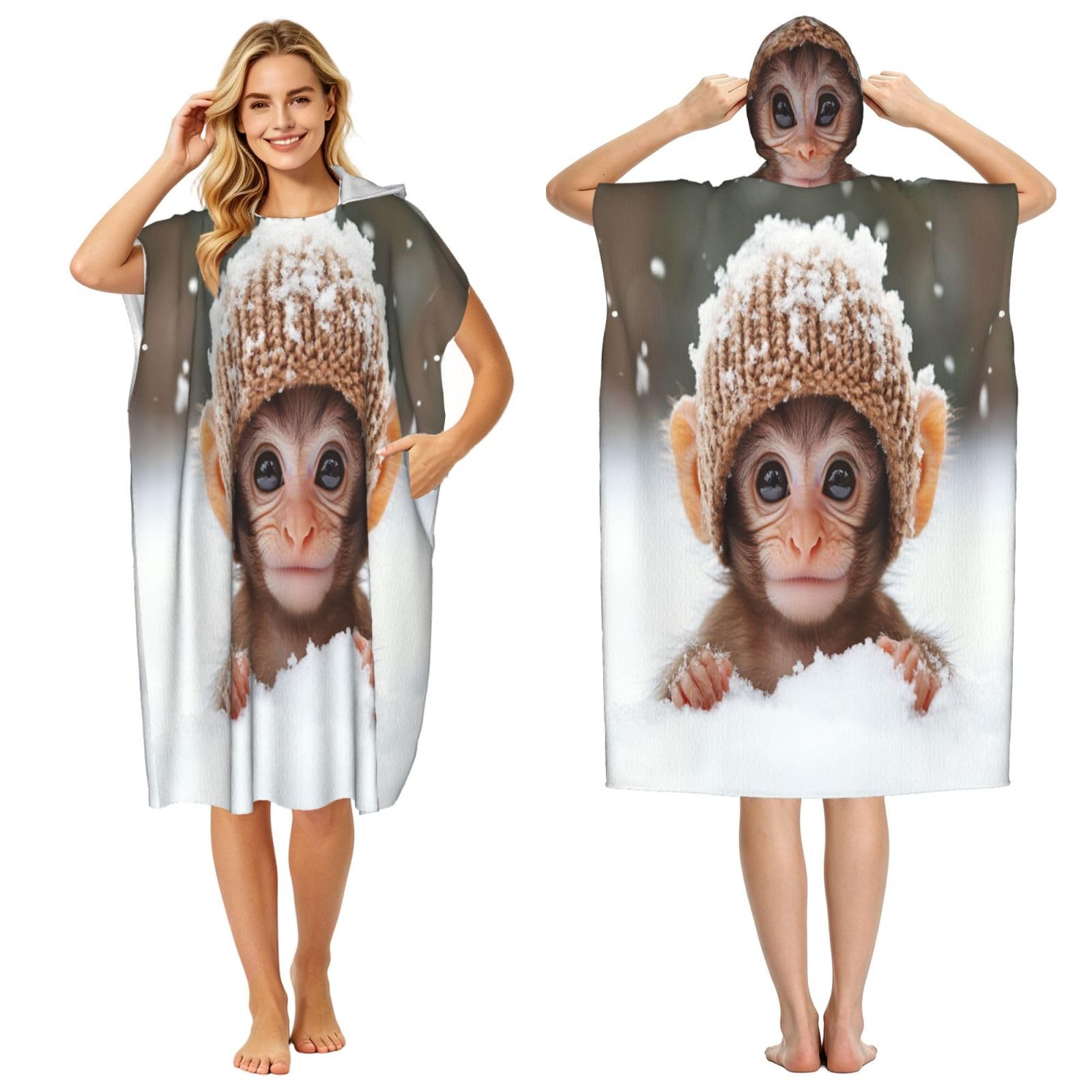 DTHKJNLSF Monkeys In The Snow Adult Hooded Beach Poncho Towel