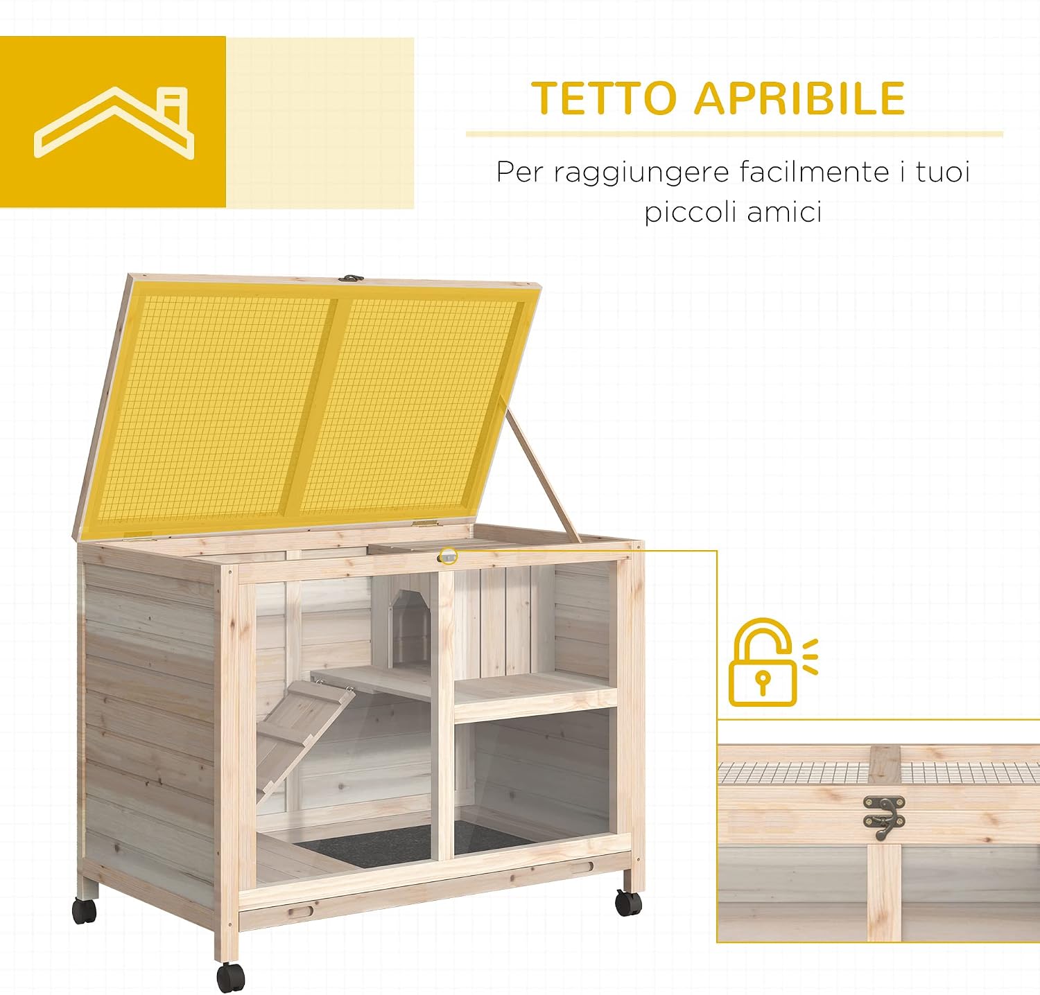 Pawhut Wooden Hutch with 2 Levels for Rabbits and Guinea Pigs, Cage with Ramp and Removable Tray, Wood Color