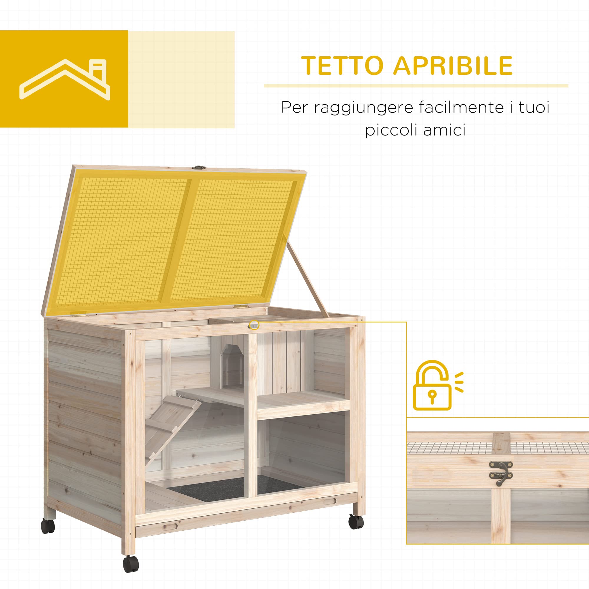 PawHut Conigliera in Legno a 2 Livelli con Casetta per Conigli e Porcellini d'India, Gabbia per Conigli con Rampa e Vassoio Estraibile, 91.5x53.3x73cm, Color Legno
