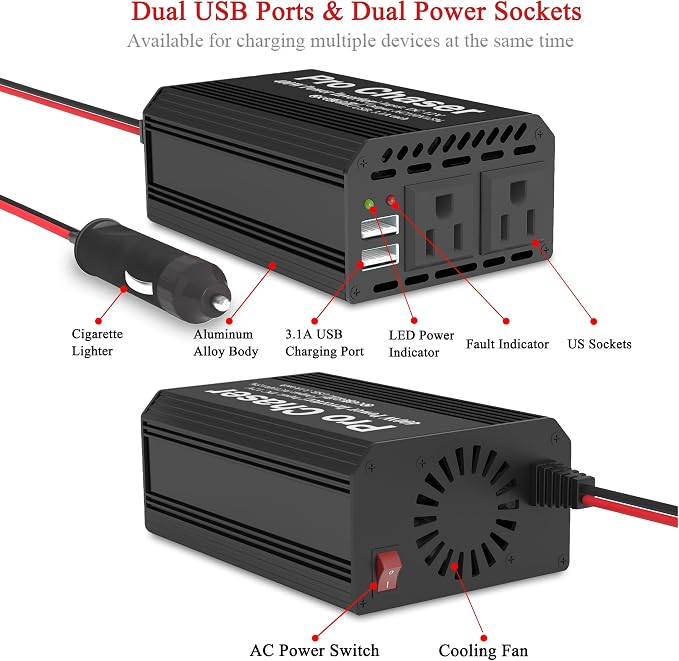 Inversor de corriente para auto Pro Chaser 400W 12V a 110V AC miniatura 5
