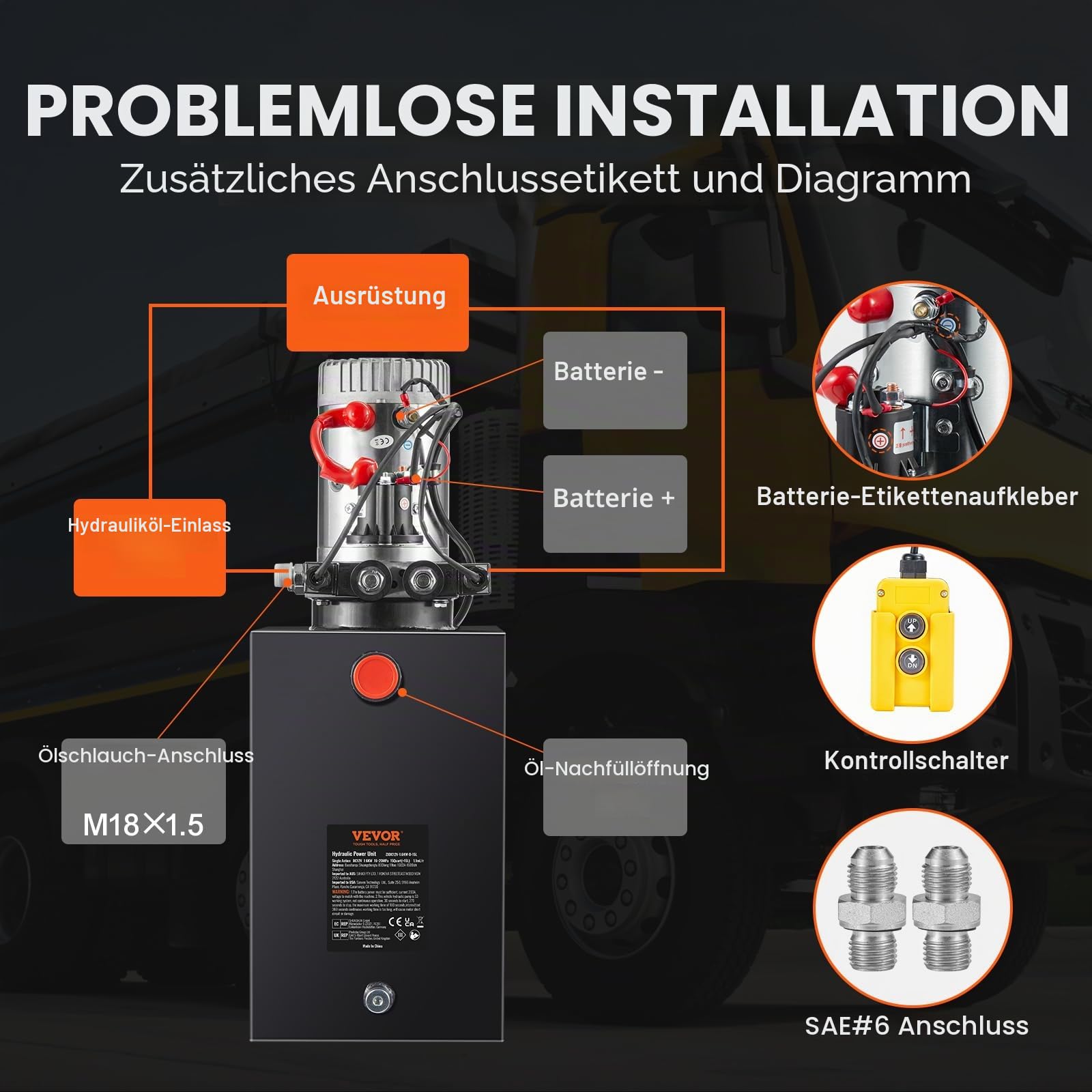 VEVOR Hydraulikpumpe Hydraulikaggregat 12V 14L Hydraulikaggregat 1600 W, Doppelwirkende Hydraulikpumpe Hydraulic Power Pack, 3,75 Gal Tank Hand Pump Hydraulikaggregat, für Aufzüge, Gabelstapler usw.