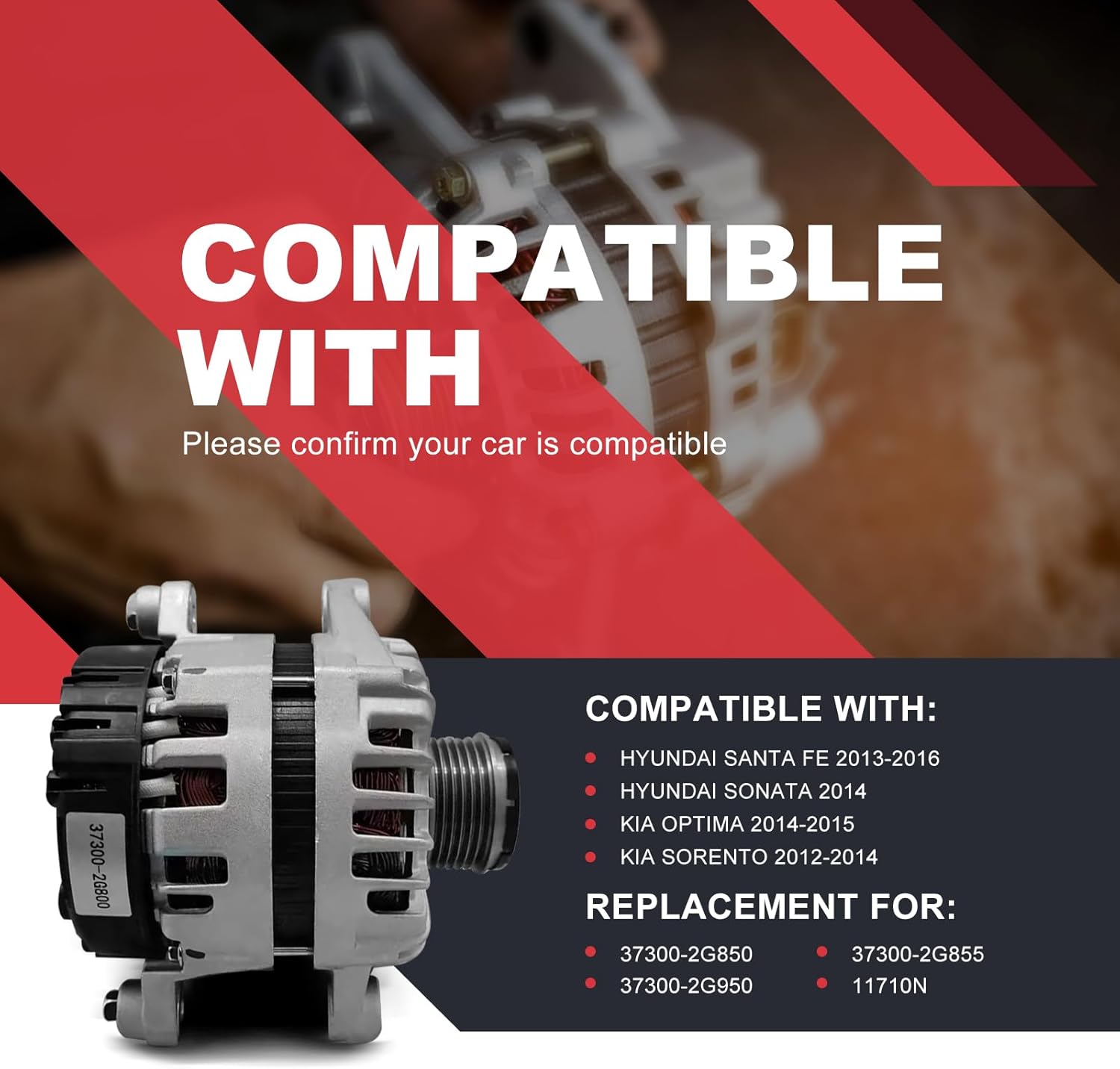 37300-2G800 New Alternator 12V 150A Fit for Kia Optima 2.4L 2013-2016, Hyundai Santa Fe 2.4L Kia Sorento 2.4L Replace 37300-2G850 37300-2G855