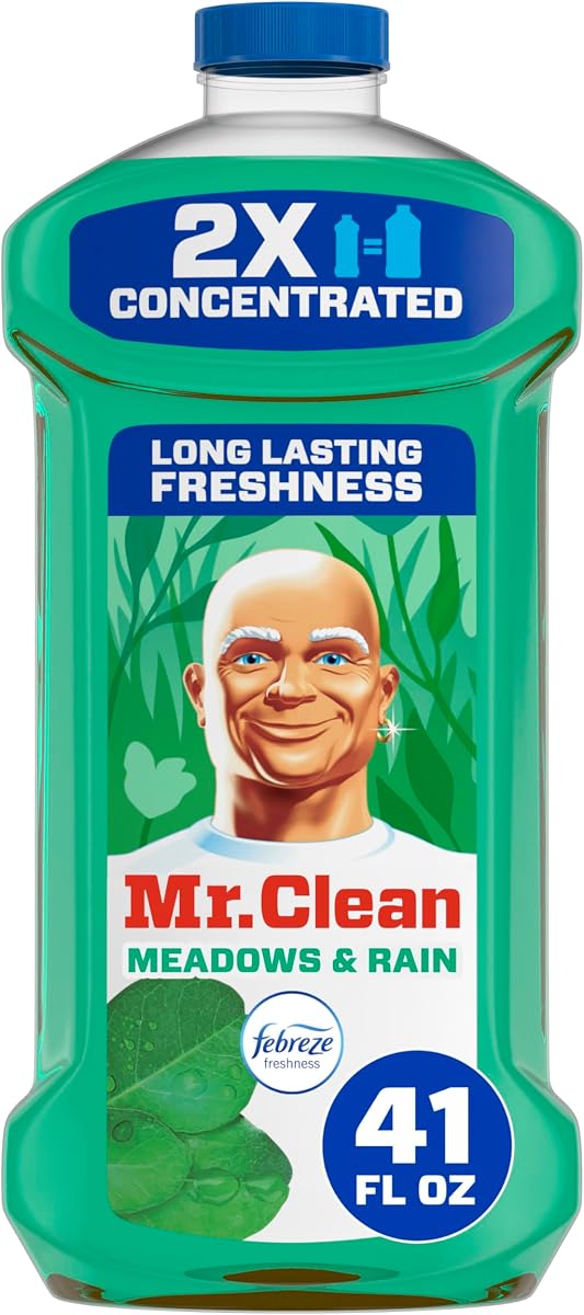 Mr. Clean Limpiador multiusos, limpiador de pisos para trapear el hogar, el baño y la cocina, líquido de limpieza para trapeador y cubo, suministros de limpieza, diluible en múltiples superficies, prados y lluvia, 41 oz