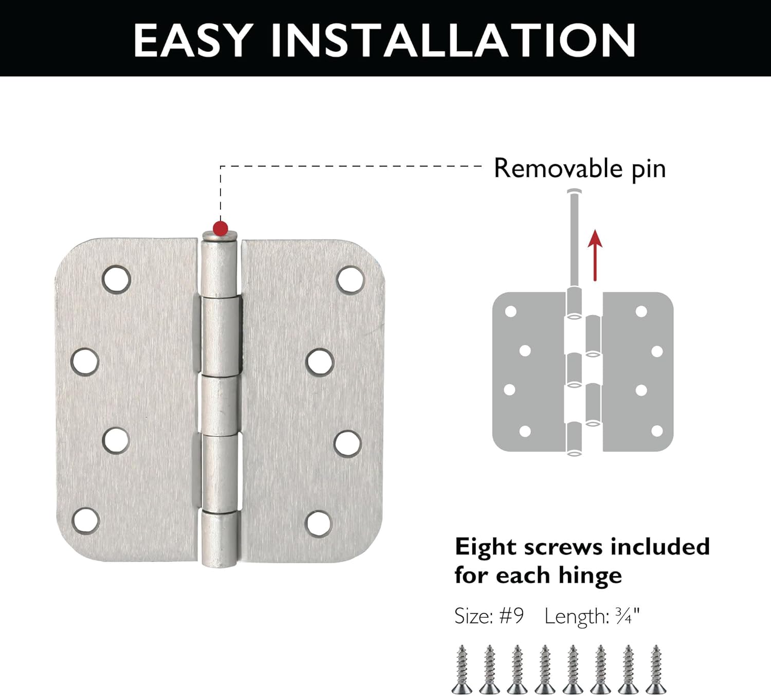 Design House Door Hinges for Interior Doors 6-Pack 4-inch x 4-inch – Rounded 5/8-inch Radius Steel Door Hinge – Satin Nickel – Fits Standard Doors – Design House 189704