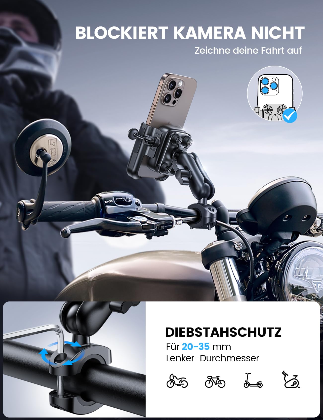 Lamicall Handyhalterung Motorrad Handyhalter Fahrrad Lenker- [TOP Ganzmetall] Vibrationsgedämpfte Handy Motorrad Halterung, Diebstahlsicherer Handy Halter mit Verlängerungsarm, Gut für Video, 7,2 Zoll