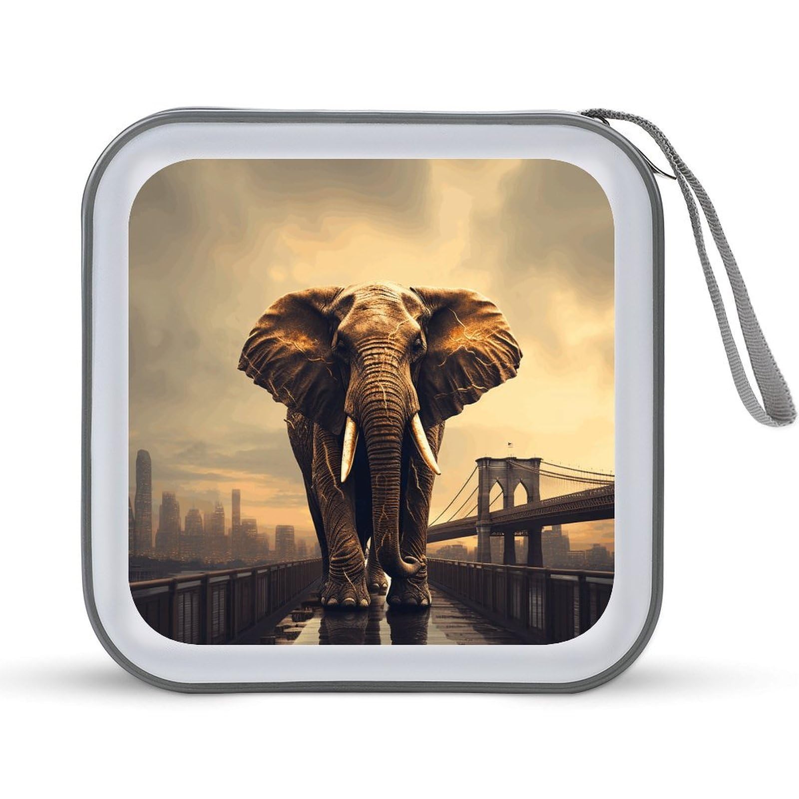 FekiLoot Elephant On A Bridge CD Case 40 Capacity DVD Case Holder Hard Plastic DVD Disc Storage Binder for Car Portable Zipper Disc Storage Organizer Wallet Bag for Home Travel