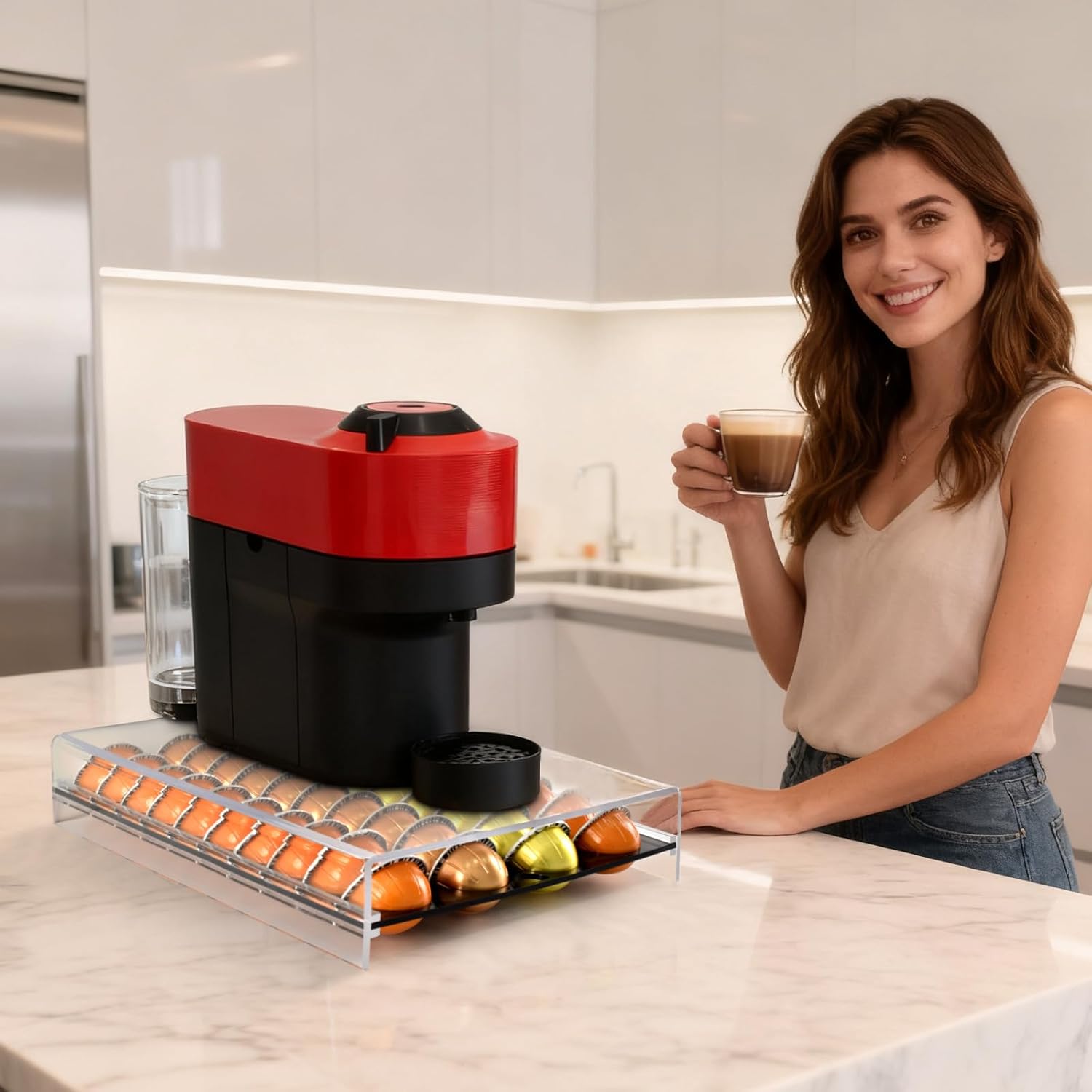 Coffee Pod Storage Drawer for Nespresso Vertuo, 40 Pods Holder Compatible with Espresso 1.35oz, Double Espresso 2.7oz, Gran Lungo 5.07oz, Mug Coffee 7.77oz, Coffee Capsule Organizer-15.2''x11''x2.8''