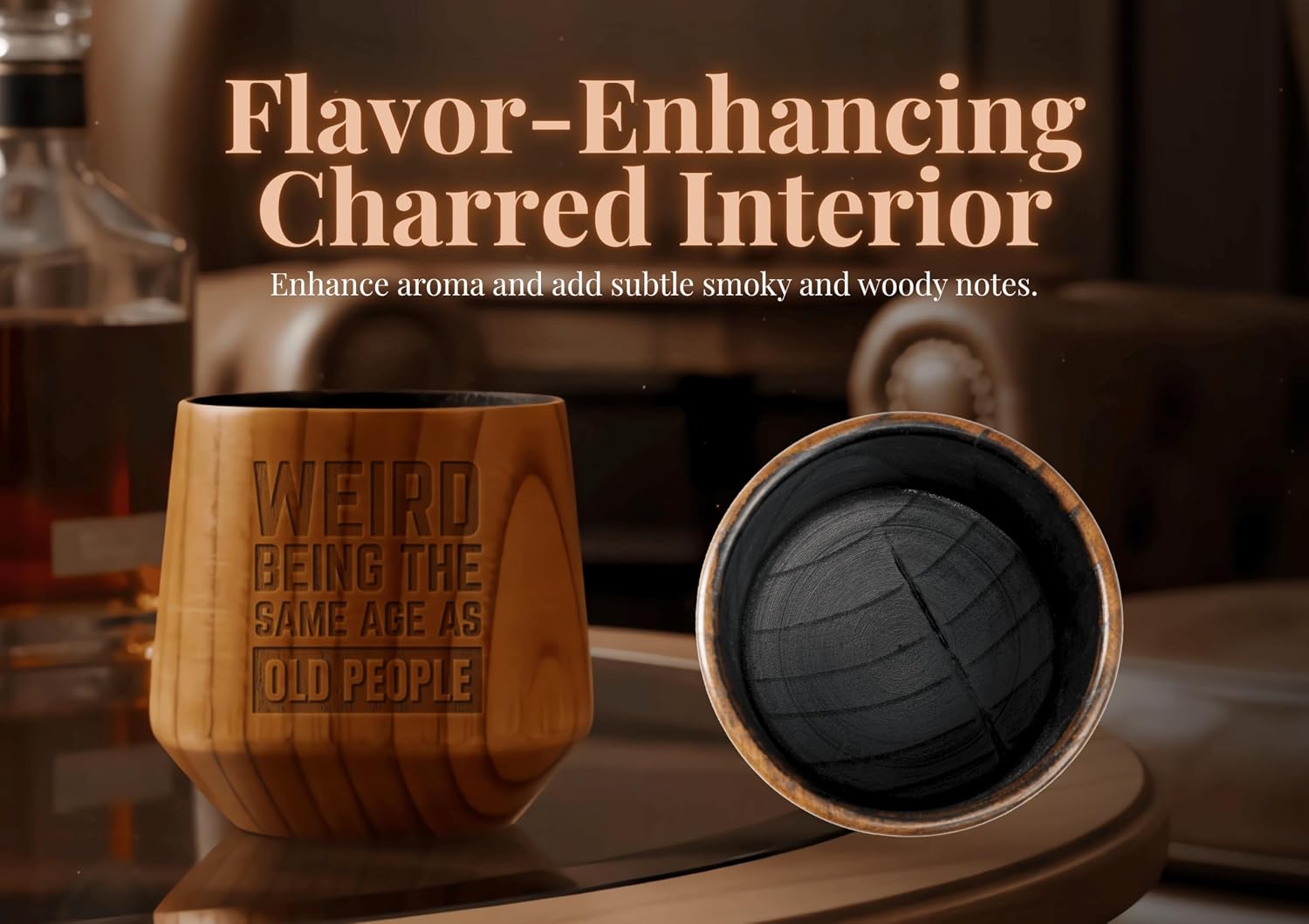 Onebttl Charred Wooden Bourbon Drinking Glass, Bourbon Gifts for Men - Wooden Old Fashioned Glass, Great Whiskey Gifts for Men, Dad, or Brother - Weird
