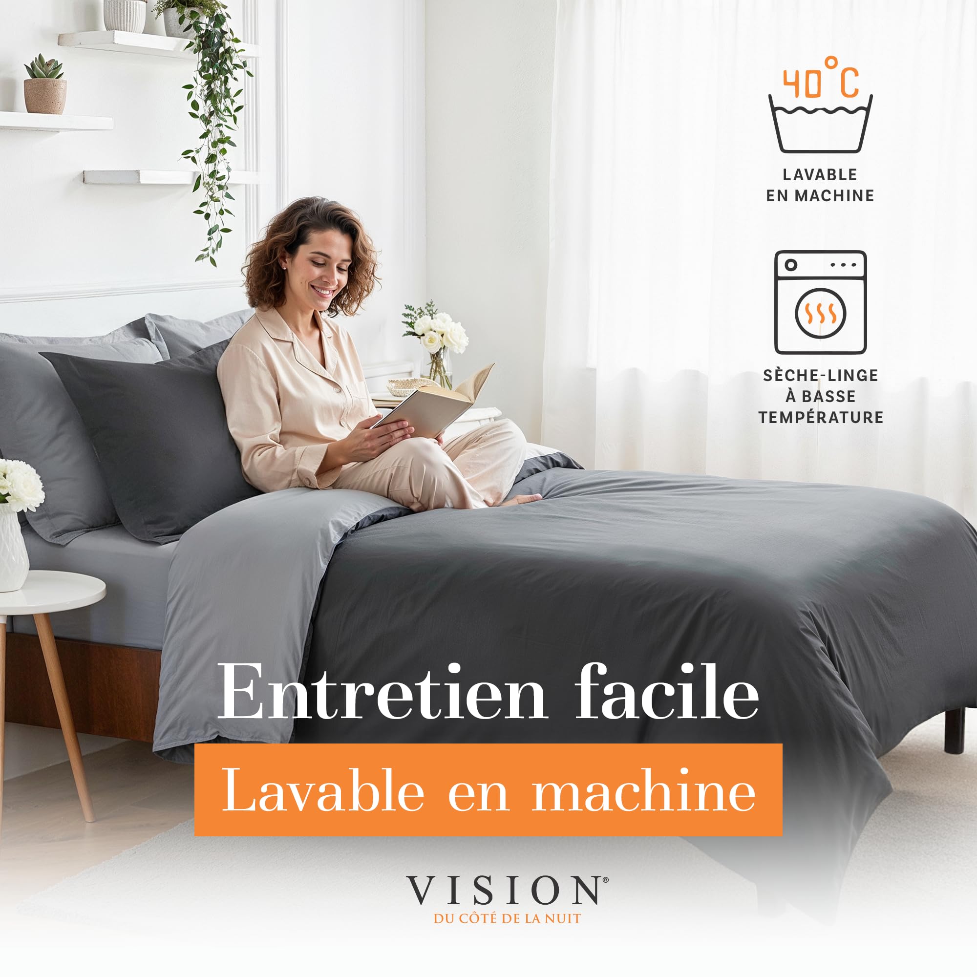 Vision Parure de Lit Réversible 100% Coton Lit Double - Gris Anthracite | 1 Housse de Couette (240x220 cm) + 2 Taies d'oreiller (65x65 cm) | 57 Fils/cm² | Doux et Confortable | Certifié Oeko-Tex