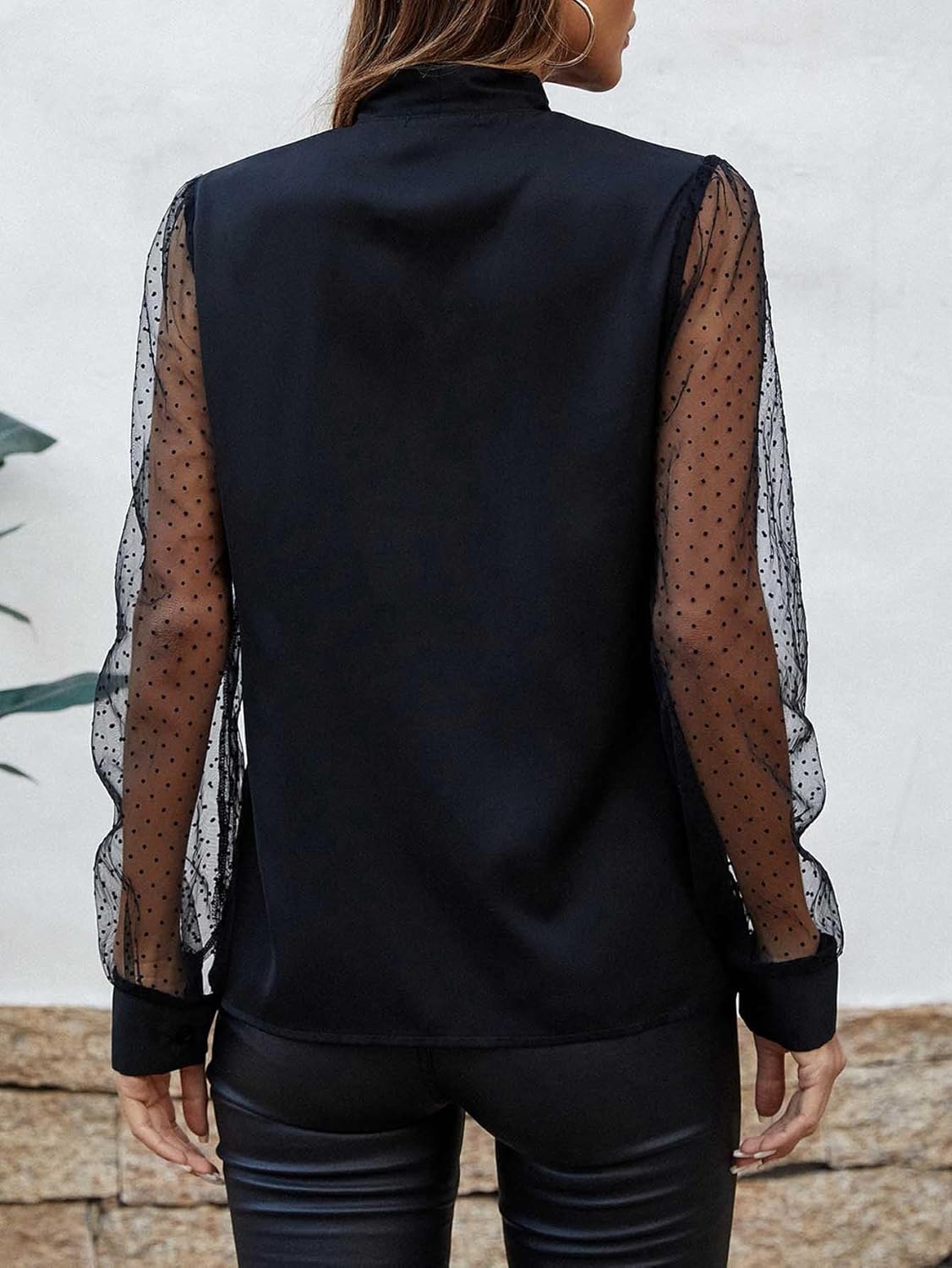 Milumia Women's Polka Dots Contrast Mesh Tie Bow Neck Blouse Dressy Button Down Shirt Work Tops - Image 3