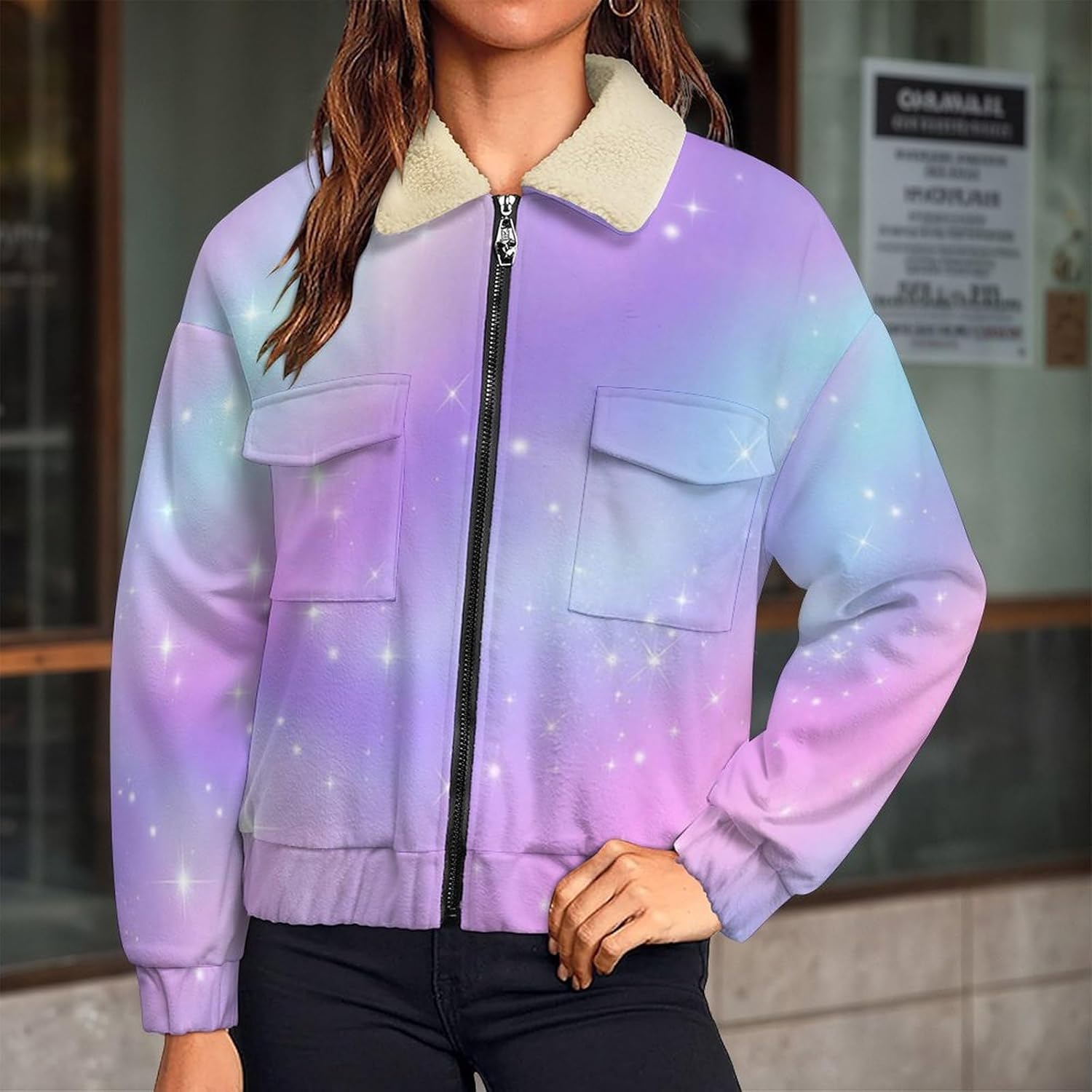 Women Winter Sherpa Lined Fleece Jacket, Long Sleeve Zip Up Sparkling Stars Fuzzy Coats Warm Soft Polar Outwear
