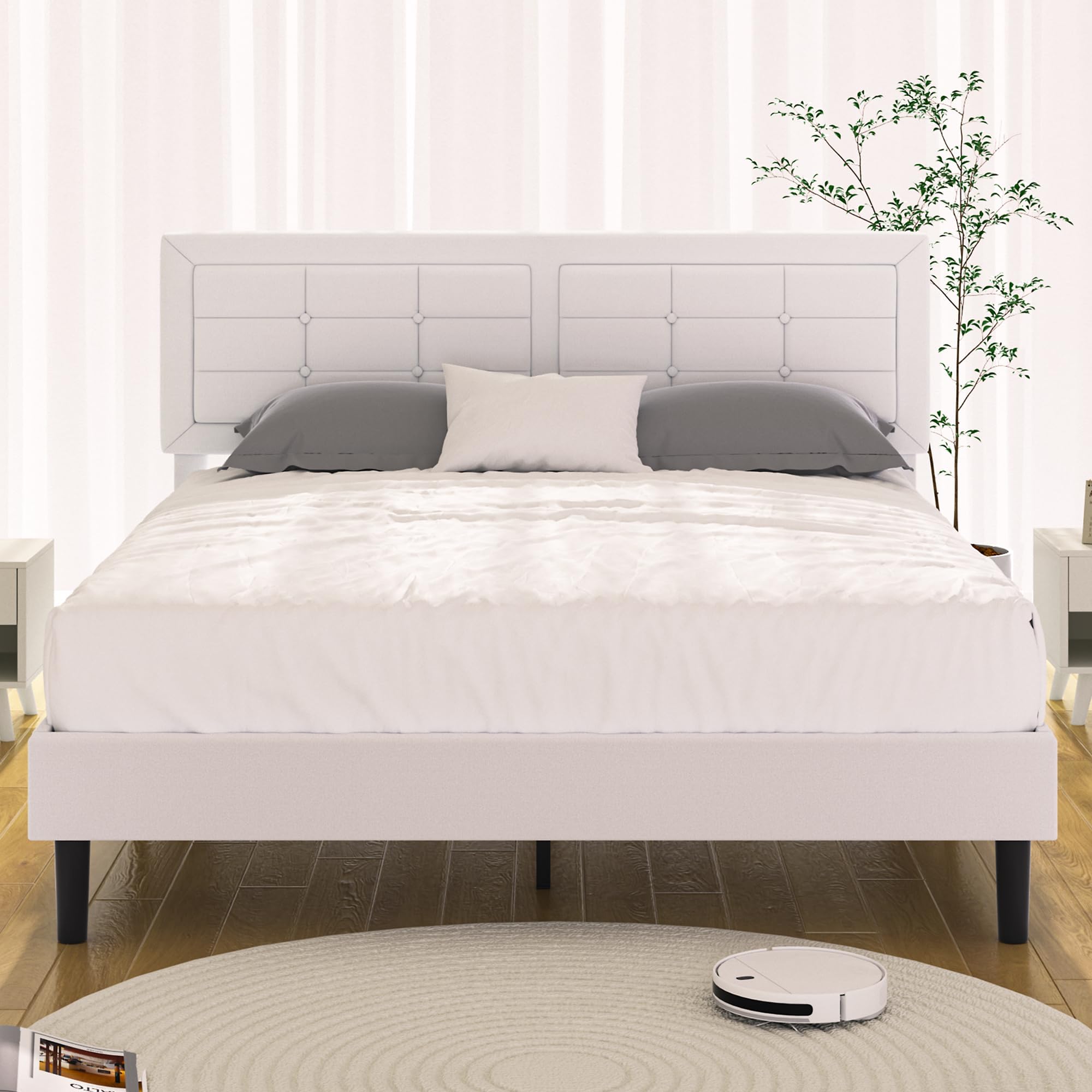 VECELO Full Size Bed Frame with Adjustable Headboard, Upholstered Button Tufted Platform Bedframe with Wood Slats Support, No Box Spring Needed, White
