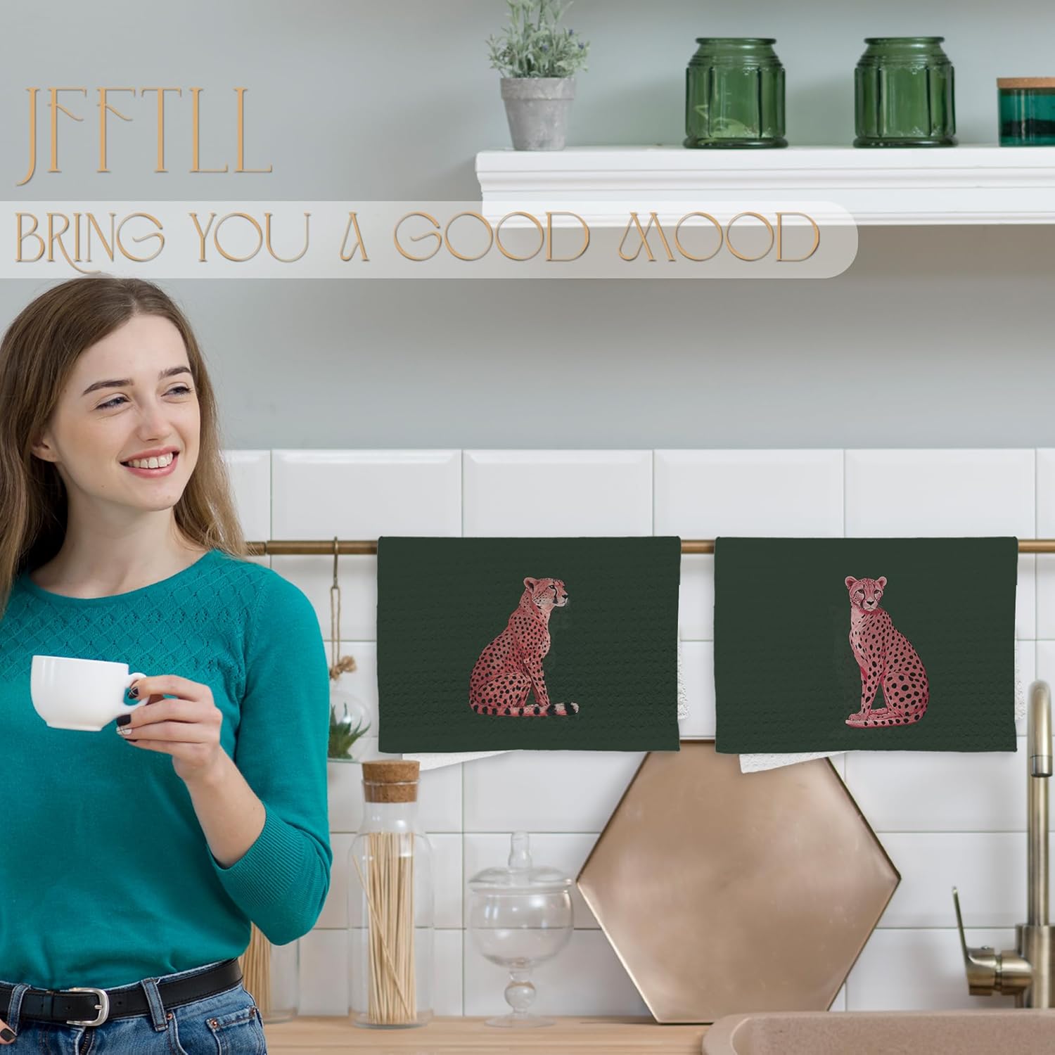 Trendy Preppy Pink Cute Leopard Kitchen Towels, Funky Retro Green Cheetah Print Decorative Dish Tea Towels for Kitchen, Girly Aesthetic Hand Towel for Bathroom Decor, 16x24 Inch Set of 2 - Image 2