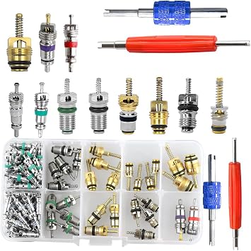 HZEL 102PCS Car Air Conditioning Valve Core Accessories Kit, R12 R134a Vehicle A/C Refrigeration Tire Valve Stem with Remover Installer, Automotive Valve Spool Repair Tool Assortment Set