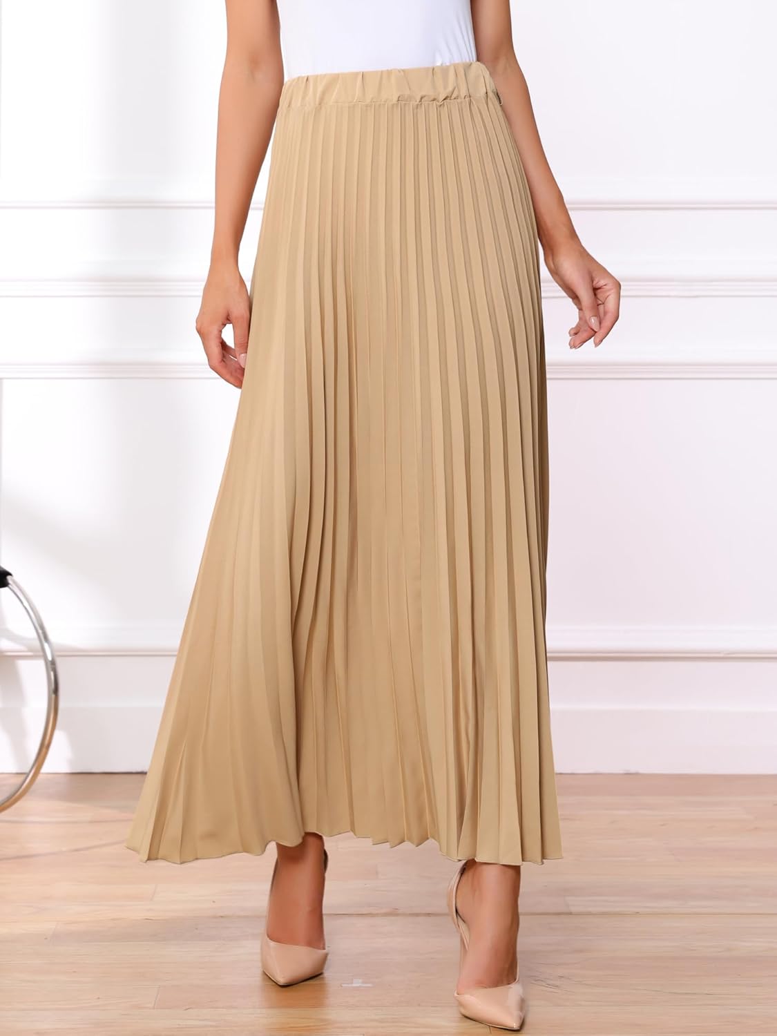 Allegra K Long Pleated Skirt for Women's Elastic High Waist with Belt Swing A-line Work Maxi Skirt