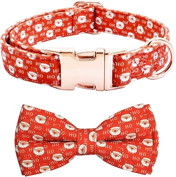 Christmas Dog Collar with Bow, Safety Metal Buckle and Soft Cotton Adjustable Festival Dog Collar for Small to Large Girls and Boys Dogs Santa Claus Red, L 15-23in