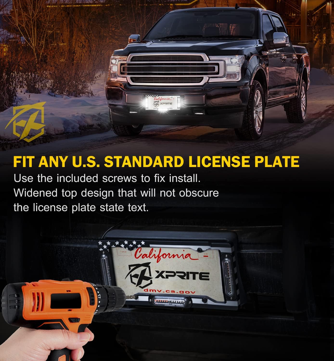 Xprite 36 LED License Plate Strobe Light, US Flag Front/Rear Strobe Light, 22 Flashing Modes Emergency Safety Warning LED License Frame for Cars Trucks Vehicles, White (w/Pre-Installed 9FT Cable)