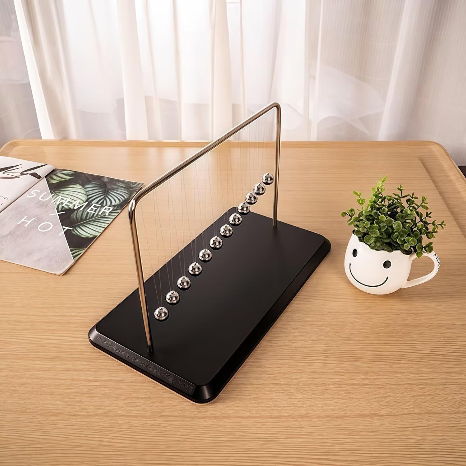 Newton's Cradle Pendulum with 12 Balance Balls, Kinetic Motion Science Gadget, Wooden Base Desk Decor for Office & Home, Educational Physics Model