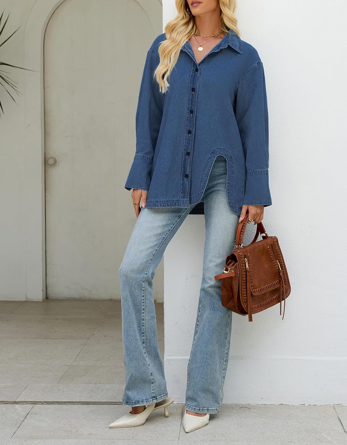 Kedera Womens Button Down Denim Shirts Casual Long Sleeve Jean Shacket Jacket Oversized Chambray Blouse Top - Image 6