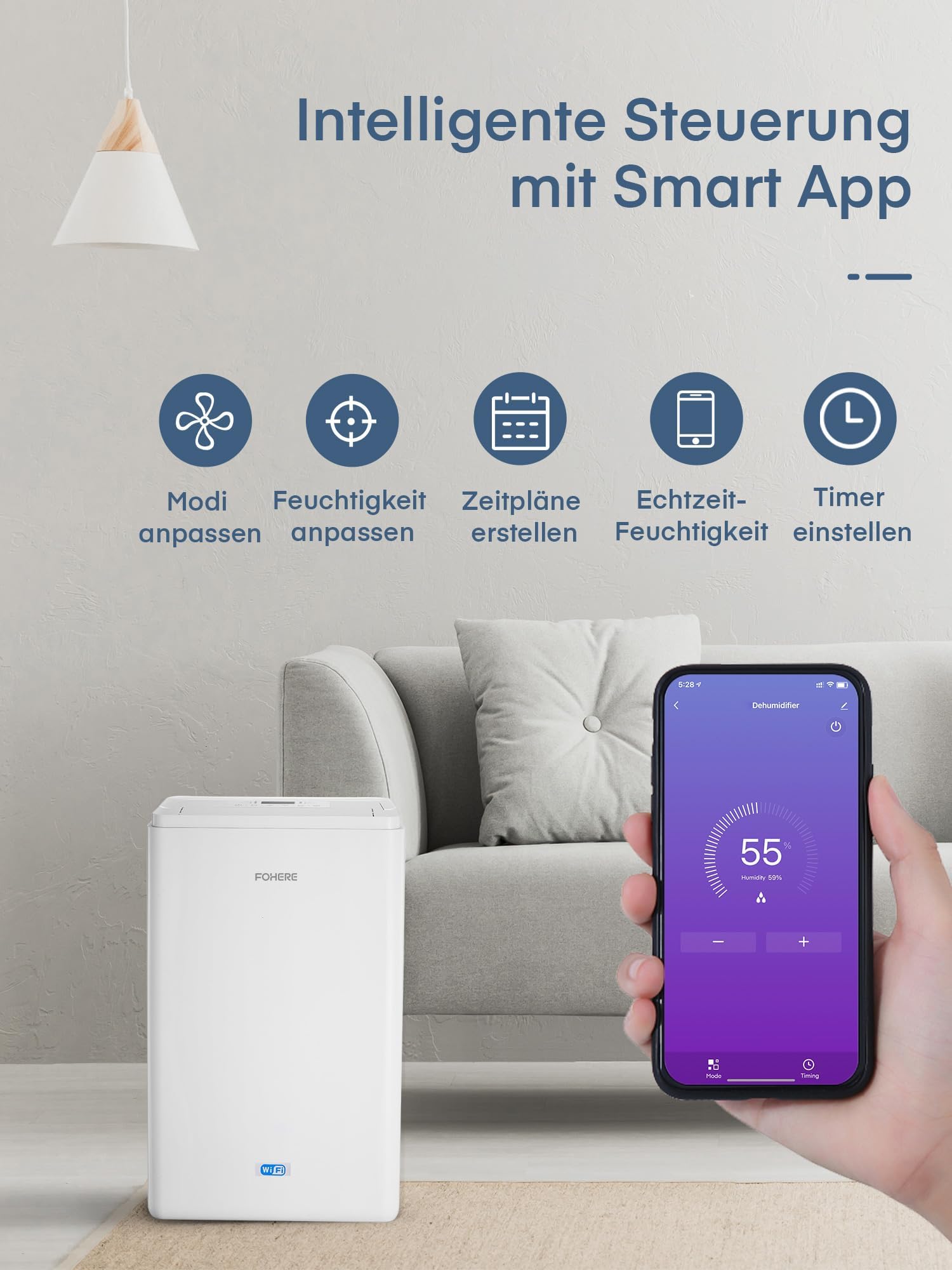Deumidificatore con app e Wi-Fi, 20 l/24 h, deumidificatore elettrico, per fino a 135 m³, serbatoio da 4,2 l, protezione da traboccamento, timer 24 ore con modalità lavaggio, umidificatore per cantina