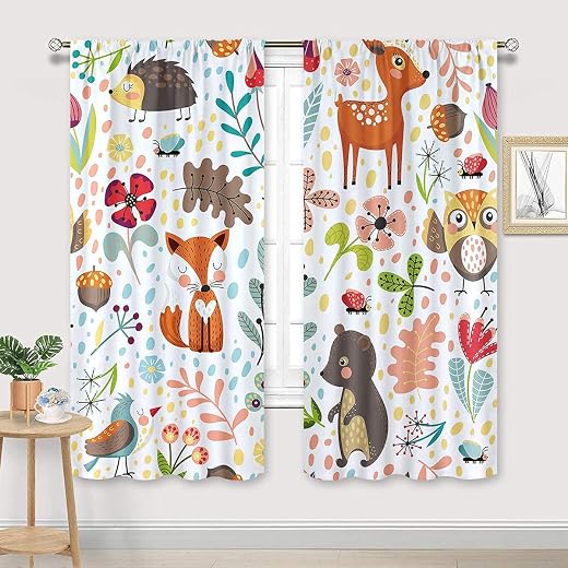 Cinbloo Kids Safari Animal Curtains Rod Pocket 42W x 63L Inch Baby Boy Girl Bedroom Decor Cartoon Woodland Bear Child Nursery Colorful Wildlife Jungle Jungle Living Room Window Drapes Fabric 2 Panels