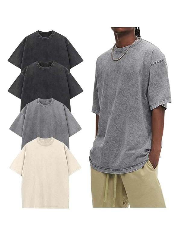 Arssm 4 Pack Oversized Tshirts for Men Acid Wash Loose Fit Vintage Cotton Heavyweight T Shirts Baggy Tees(BlackBlackGreyBeige-L) by Arssm - Used condition - US$29.51