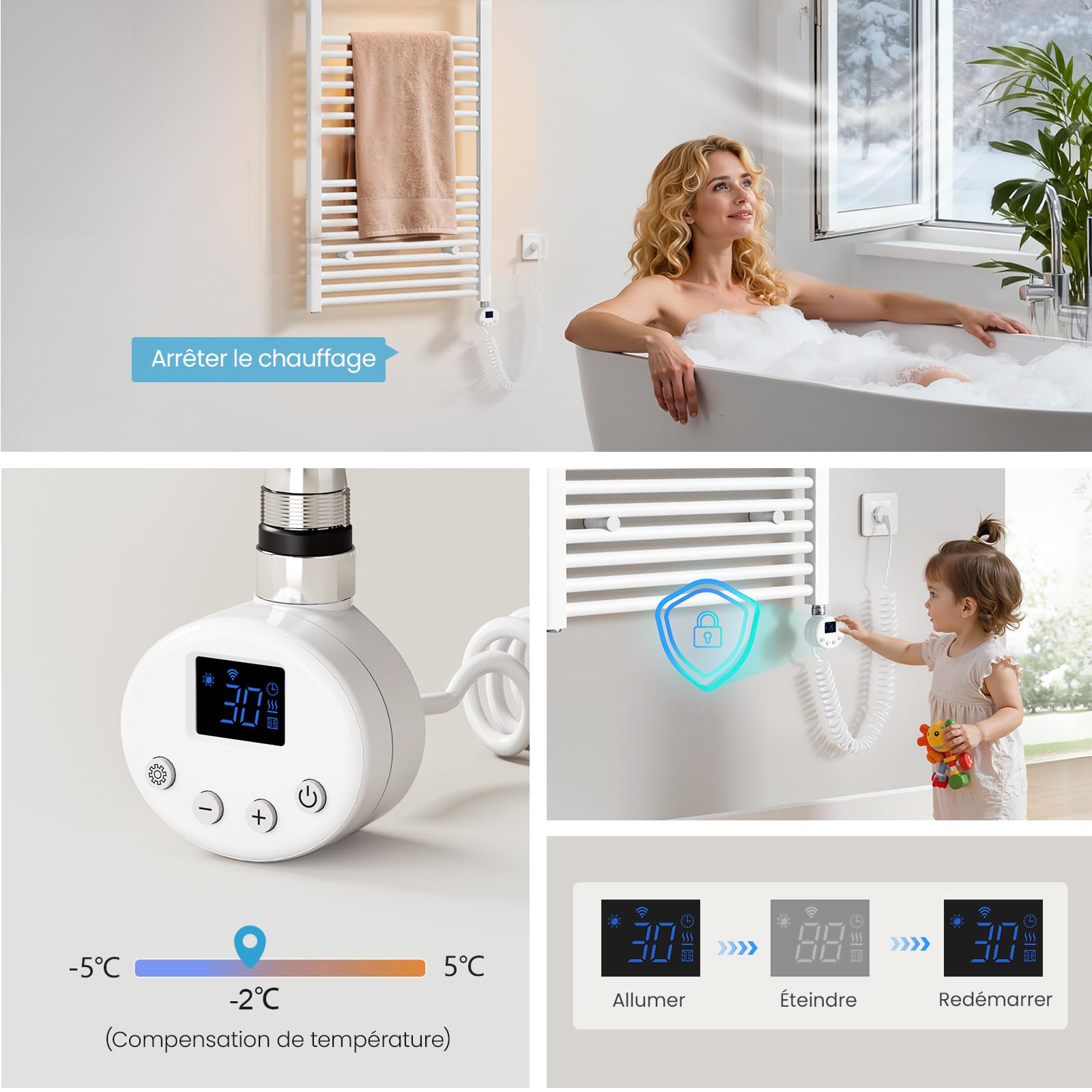 Heilmetz Sèche-Serviettes Électrique Intelligent 70x60cm avec WiFi, Thermostat Connecté et App, Radiateur Salle de Bain Blanc 300W, Contrôle par Tuya/Assistants Vocaux, 4 Modes
