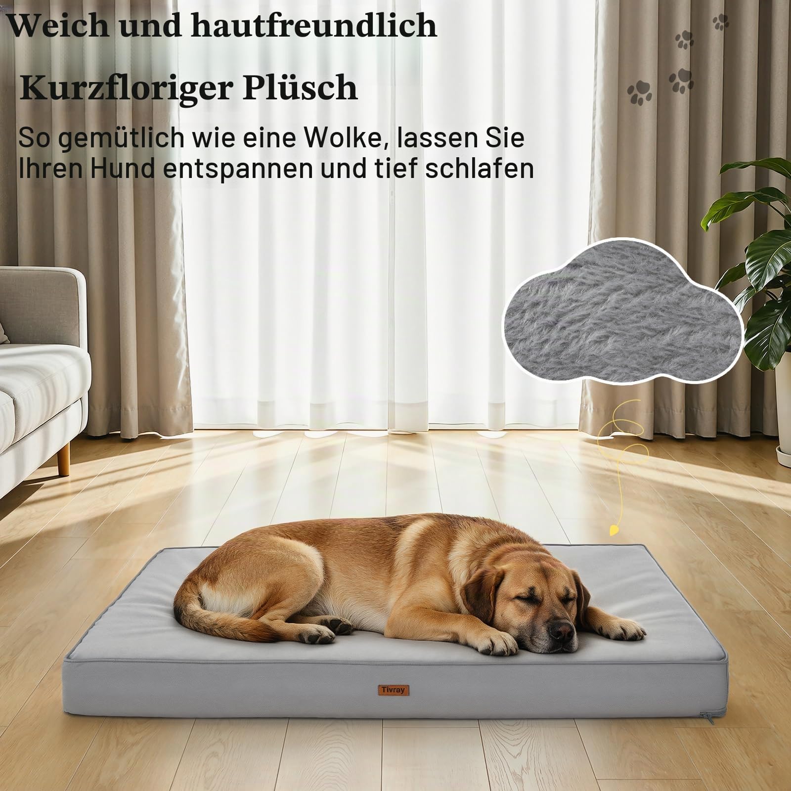 Orthopädisches Hundebett 112x81cm, Große Hundematte mit Abnehmbarem Waschbarem Plüschbezug, Wasserdichtes Hundekissen aus Eierkisten-Schaum, rutschfeste Unterseite für Große Hunde, Grau