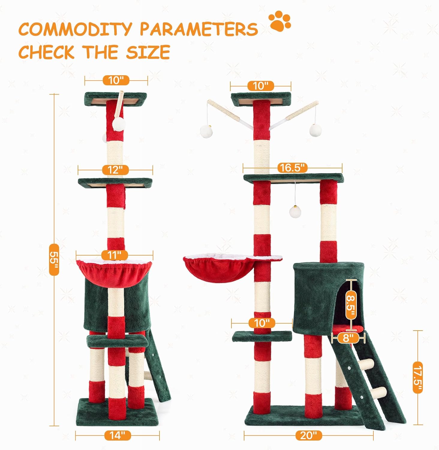 Cat Tree, 55 Inch Cat Tower with Scratching Posts, 2 Perches,1 Caves,1 Ladder,3 Pompoms and 1 Hammock,Cat Tree for Indoor Cats Large Adult for Christmas Décor