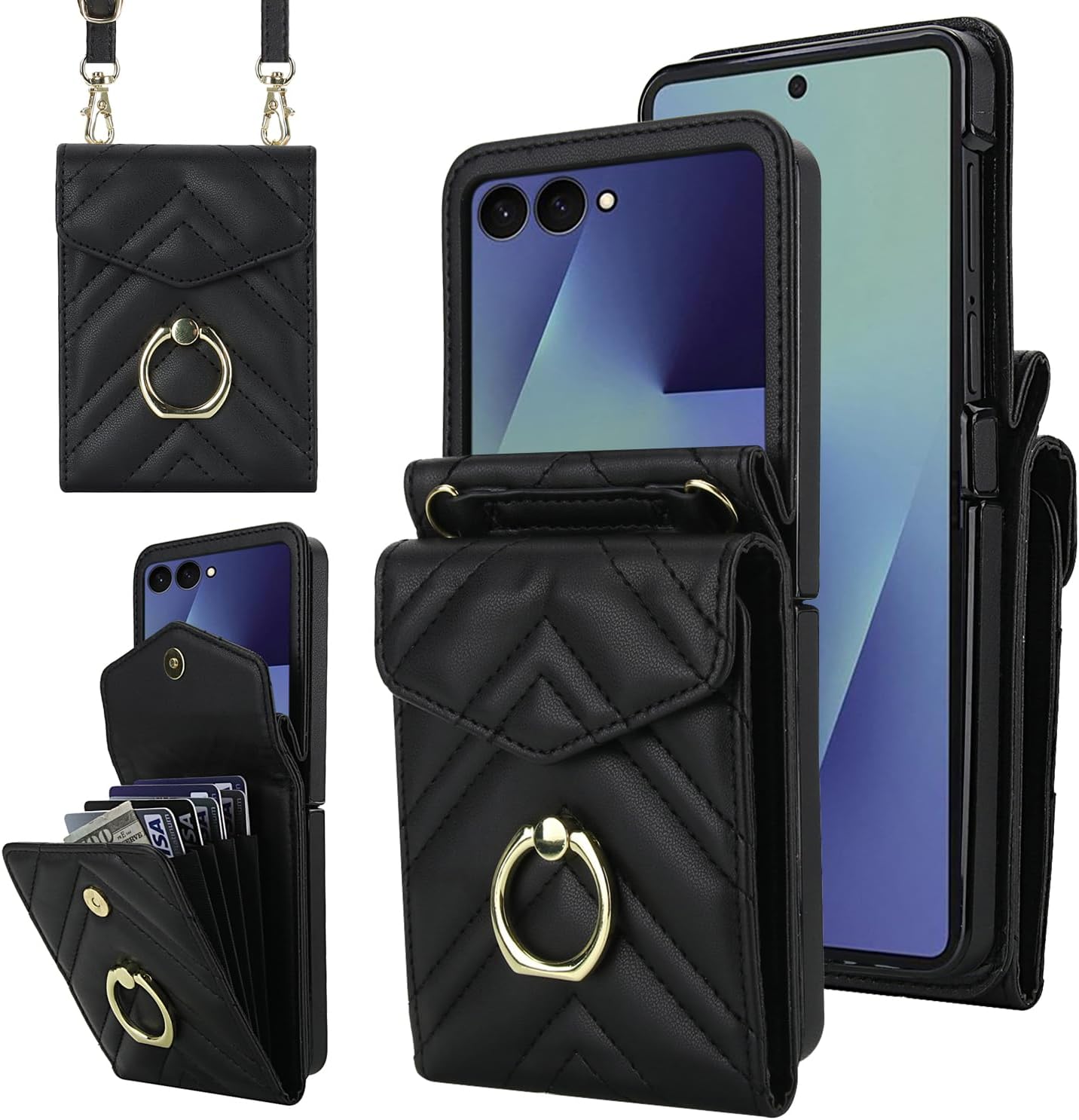 Asuwish Phone Case for Samsung Galaxy Z Flip 7 5G Wallet Cover with Ring Stand Credit Card Holder Slot Crossbody Strap Lanyard RFID Blocking Purse Cell ZFlip 7Z Z7 G Flip7 ZFlip7 Women Men Girls Black