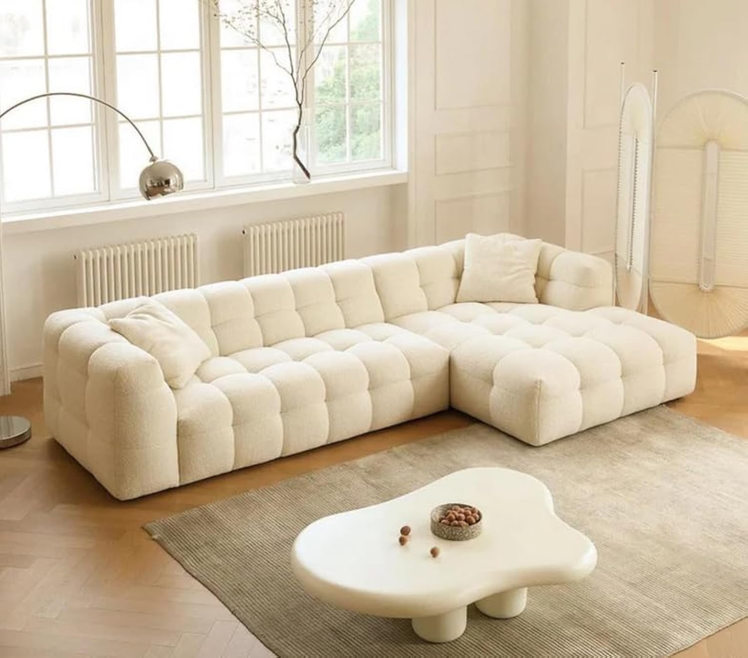 Fleece Fabric Overstuffed Multifunction Cloud L-shaped Sofa Chair set for Livingroom Office (White, Right L shape in cm: 70H x 103D x 170D x300W)