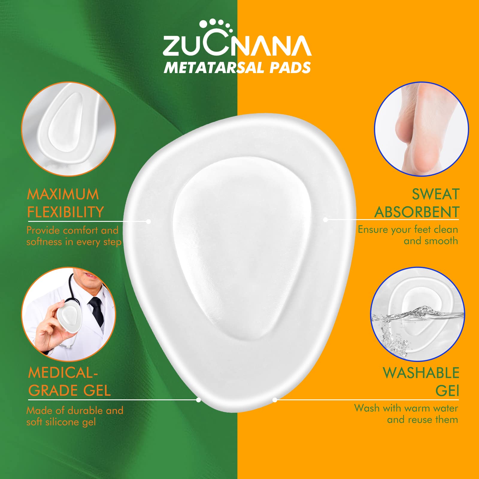 ZUCNANA Almohadillas metatarsianas para mujer, almohadillas de bola de pie para talones, almohadillas de gel suave para mayor comodidad y alivio del dolor de pies, almohadillas antideslizantes para